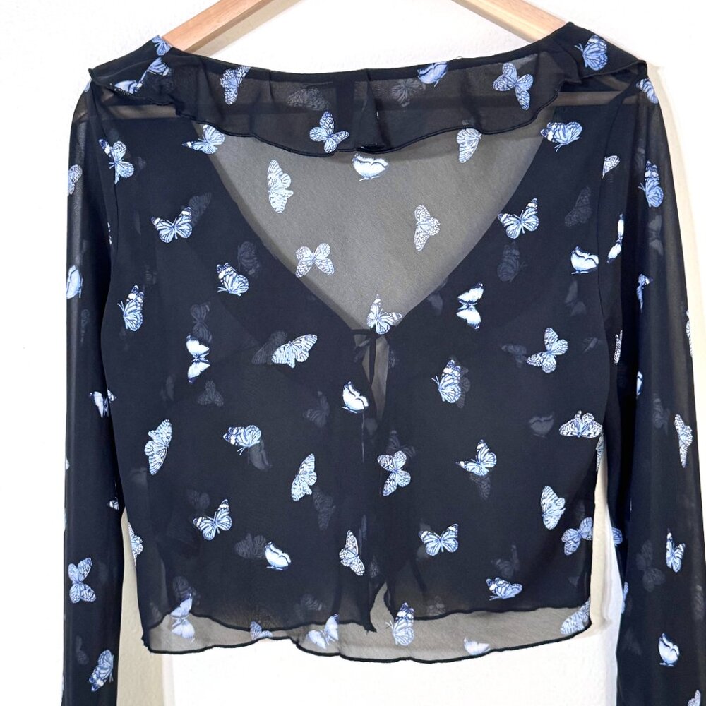 Y2K Butterfly Sheer Chiffon Cropped Top Bell Sleeves Ruffle Collar Cardigan - Picture 6 of 11